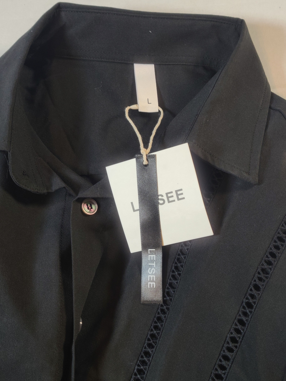 Letsee Black Short Sleeve Cuban  Guayabera Button-Up Shirt - Men's Casual Large - Picture 4 of 11